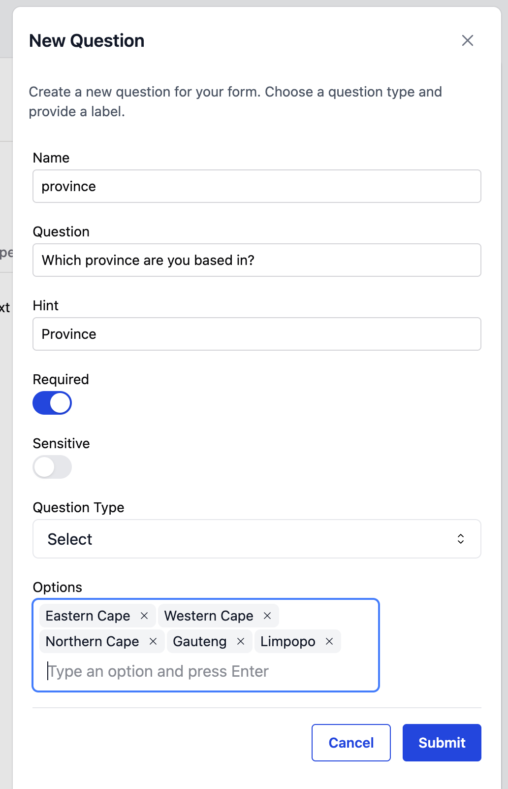 New Question dialog
